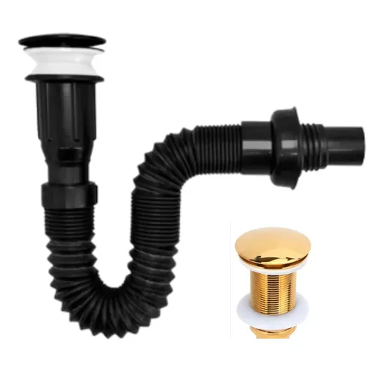 DESAGUE LAVAMANOS FLEXIBLE NEGRO LUJO   PUSH  ORO PALO DE ROSA